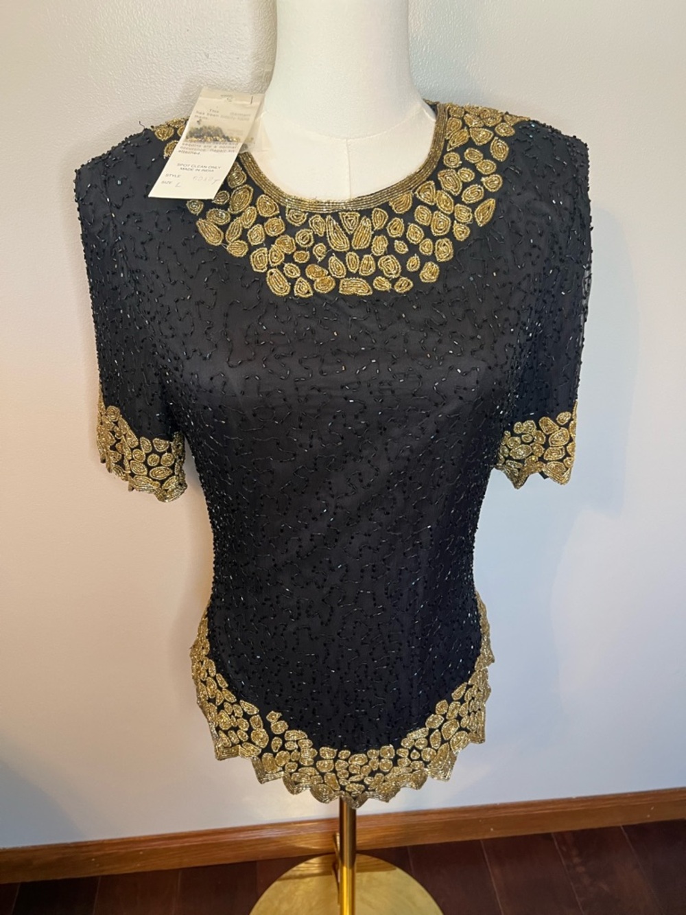 Vintage Laurence Kazar Black & Gold Bead Work BLOUSE Back Zip Large With Tags